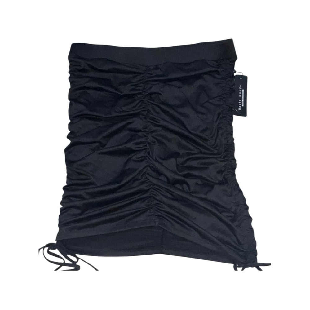 Haute Monde New Runched Adjustable Drawstrings Black Midi Skirt